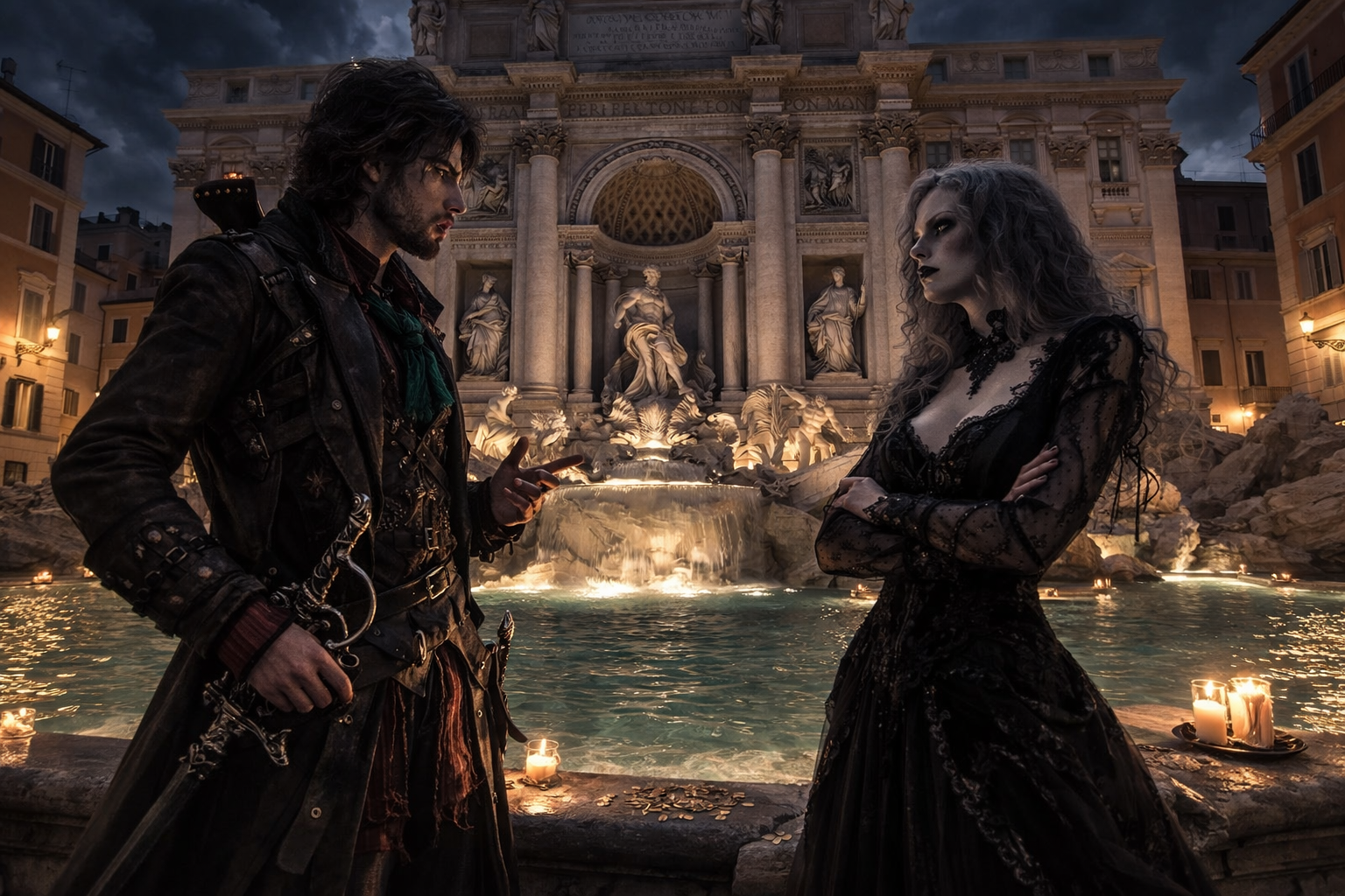 Discussie bij de Trevi fontein — Cedric en Lucrezia